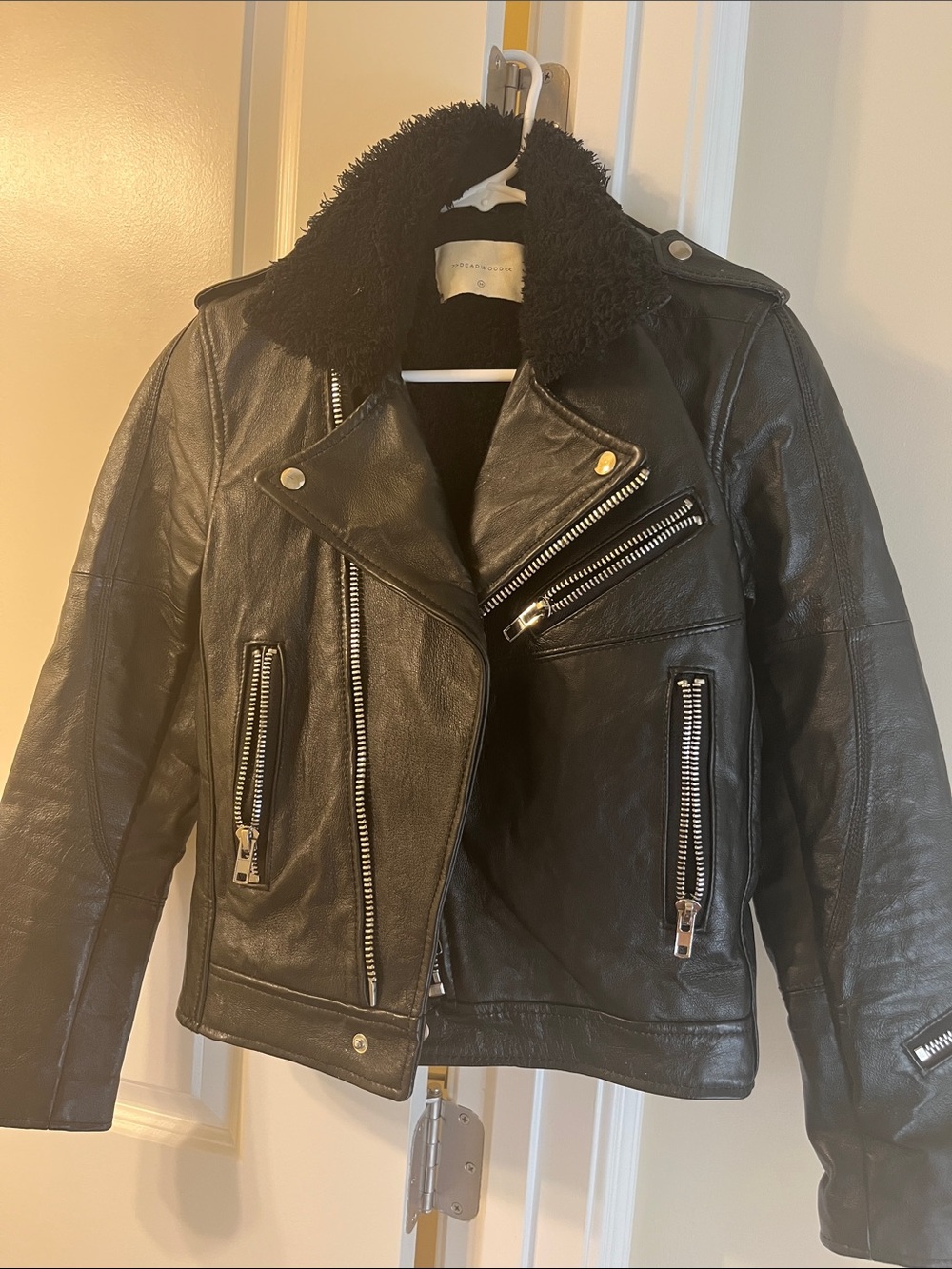 Womens Leather Shearling Moto Jacket - Picture 1 of 3